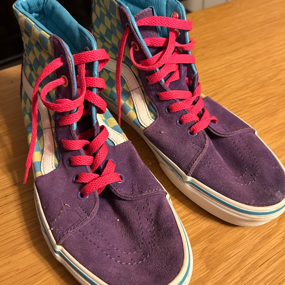 Vans High-Top Sneakers in Purple, Aqua & Pink Checkerboard